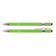 A green pen and stylus set with a shiny silver clip and accents, featuring a sleek design.