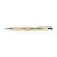 A plastic pen with a cork body and silver accents. It features a logo on the side.