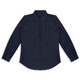 A navy blue button-up men's denim shirt with long sleeves and a collar, featuring a branded label.