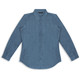 A women's button-up denim shirt in a light blue shade with long sleeves and a collar. Features a logo.