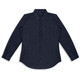 A navy blue women's denim button-up shirt with long sleeves and a collar, featuring a branded logo.