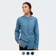 A denim button-up shirt in light blue, featuring a collar and front button closure. Includes colour options below.