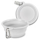 A silicone collapsible pet bowl in white with a carabiner for easy attachment. Features a smooth, circular design.