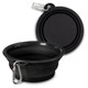 A black silicone collapsible pet bowl with a carabiner and a flat circular lid.