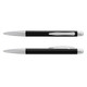 A metal pen in black with silver accents, featuring a sleek design and a clip. Includes a branding logo.
