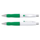 A metal pen with a white barrel and green grip, featuring a silver clip and trim. It has a logo on the body.