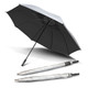 A black and silver umbrella with a curved handle, displayed open and alongside its closed form. It features a logo.
