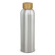 A drink bottle made from aluminium with a natural bamboo lid, featuring a sleek silver finish.