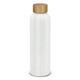 A drink bottle in white with a bamboo lid, featuring a sleek design and a logo on the side.