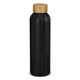 A drink bottle in matte black with a bamboo lid and a simple logo on the body.