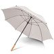 A large grey umbrella with a wooden handle and a black metal frame. It features a logo on the canopy.