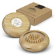 A bamboo brush and mirror set in a round case, accompanied by a brown outer box with a logo. A bamboo brush and mirror set in a round case, accompanied by a brown outer box with a logo.