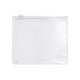 A clear pencil case with a zip closure, featuring a transparent design and a logo in the bottom corner.