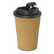 A drink bottle with a natural cork exterior and a black lid, featuring a sipping spout.
