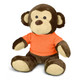 A brown and cream plush monkey toy wearing an orange shirt, featuring large ears and a friendly expression. A brown and cream plush monkey toy wearing an orange shirt, featuring large ears and a friendly expression.