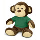 A plush toy monkey with brown fur and a green shirt, featuring a friendly face and big ears.