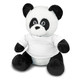 A plush panda toy with black and white fur, wearing a white shirt and featuring a logo on its chest.
