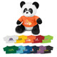 A panda plush toy with a white and black fur, wearing an orange shirt. It has various colourful shirts displayed below.