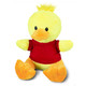 A yellow duck plush toy with an orange beak and feet, wearing a red shirt. It has a fluffy tuft on its head.