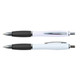 Two Viva Pens with a white barrel and black grip are displayed, featuring a sleek design and chrome accents. Two Viva Pens with a white barrel and black grip are displayed, featuring a sleek design and chrome accents.