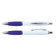 Two plastic pens with white barrels and purple grips, featuring silver accents and a logo on one. Two plastic pens with white barrels and purple grips, featuring silver accents and a logo on one.