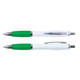 A set of two plastic pens with white barrels and green accents, featuring chrome trim and a clip. A set of two plastic pens with white barrels and green accents, featuring chrome trim and a clip.