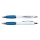 A set of white barrel pens with blue accents and chrome detailing, featuring a brand logo.