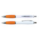 A set of Viva Pens with a white barrel and orange accents, featuring a sleek design and chrome detailing. A set of Viva Pens with a white barrel and orange accents, featuring a sleek design and chrome detailing.