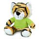A plush tiger toy with orange and black stripes, wearing a green shirt and featuring a friendly expression.