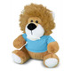 A plush lion toy with a fluffy mane, wearing a blue shirt, featuring soft brown and white accents.
