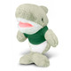 A green and white shark plush toy with a friendly expression, wearing a green shirt and standing upright.