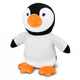 A plush toy penguin with a black and white body, orange beak and feet, wearing a grey shirt. Features a logo on the shirt. A plush toy penguin with a black and white body, orange beak and feet, wearing a grey shirt. Features a logo on the shirt.