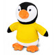 A plush penguin toy wearing a yellow T-shirt, with black and white body and orange beak and feet. A plush penguin toy wearing a yellow T-shirt, with black and white body and orange beak and feet.