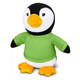 A plush penguin toy with a black and white body, orange beak, and bright green shirt.