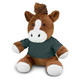 A brown horse plush toy with white accents, wearing a green shirt, sitting in a relaxed position. A brown horse plush toy with white accents, wearing a green shirt, sitting in a relaxed position.
