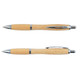 A bamboo pen with silver accents, featuring a sleek design and a chrome clip. It has a branding logo.