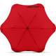 A red BLUNT Metro Umbrella with a rounded shape and a central black button, featuring a logo. A red BLUNT Metro Umbrella with a rounded shape and a central black button, featuring a logo.