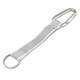 A silver reflector key ring with a carabiner clip and a fabric strap in grey. A silver reflector key ring with a carabiner clip and a fabric strap in grey.
