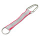 A reflector key ring with a silver carabiner and a grey strap, bordered in bright pink. A reflector key ring with a silver carabiner and a grey strap, bordered in bright pink.
