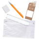 A clear pencil case containing colored pencils, an orange pen, a ruler, and an eraser.