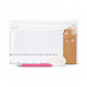 A clear pencil case with coloured pencils, a pink pen, an eraser, and a ruler. Features a branding logo.