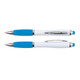 A stylus pen featuring a white barrel and blue grip, with a shiny chrome clip and tip. Two pens are displayed, one on top of the other.