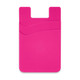 A pink dual silicone phone wallet with a smooth design and curved detailing, featuring a logo on the back.