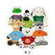 Assorted plush toys in various colours, including a frog, zebra, rabbit, giraffe, bear, and wolf, each wearing a shirt with a logo.