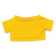A yellow plush toy shirt with short sleeves and a round neckline, featuring a simple design.
