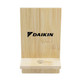 A bamboo phone stand with a simple design, featuring a slot for the device and an engraved logo.