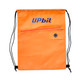 An orange drawstring bag with a textured design and a front zip pocket, featuring a logo.