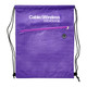 A purple drawstring bag featuring a textured design and a zippered front pocket, with a logo on the top.