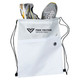 A white drawstring bag containing a pair of grey and yellow sports shoes, featuring a logo and a zip pocket.