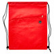 A red drawstring bag with a textured bottom and a zippered front pocket, featuring a logo.